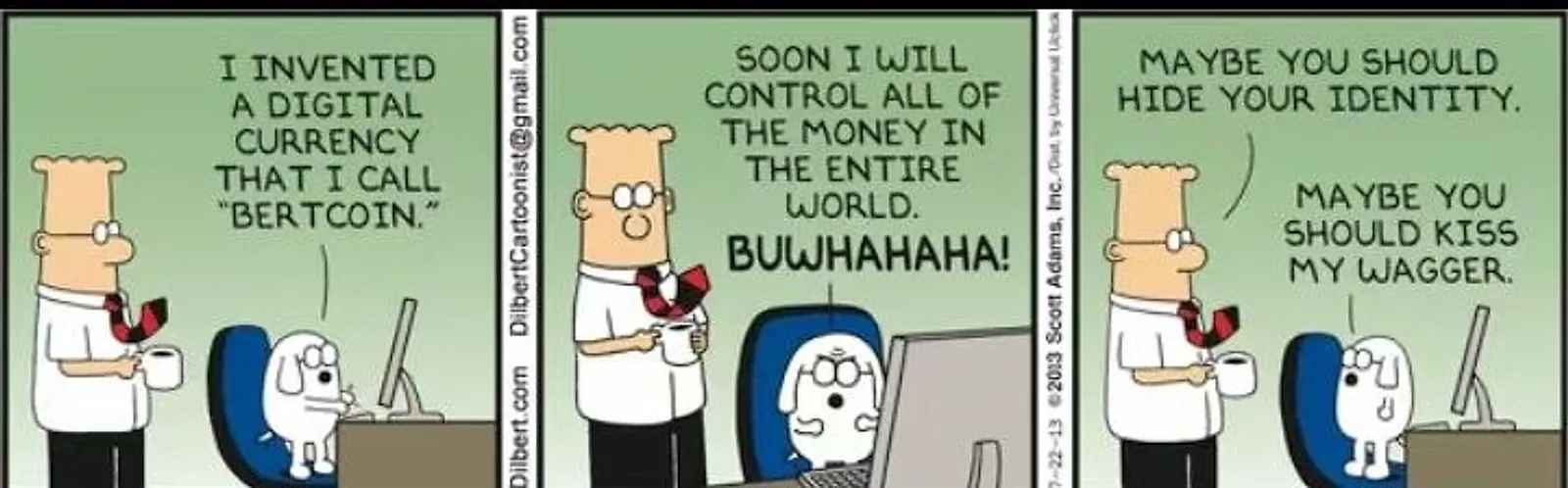 The 2013 Dilbert strip — Dogbert invents a digital currency